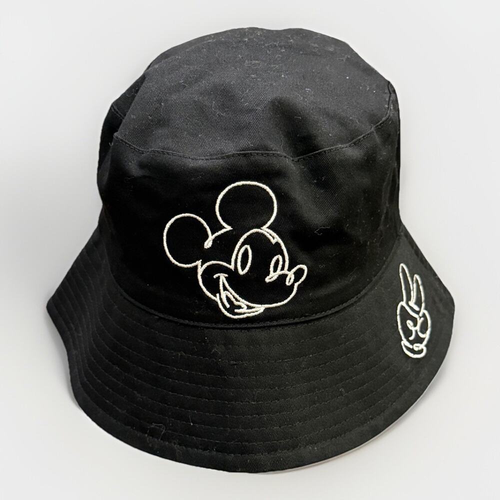 Disney Parks Black Reversable All Over Print Bucket Hat Peace Sign Mickey Mouse
